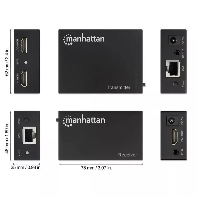 Manhattan kit extensor HDMI 1080p sobre Ethernet, hasta 50 m con un cable Cat6, módulos Tx y Rx, compatibilidad con IR, tres años de garantía