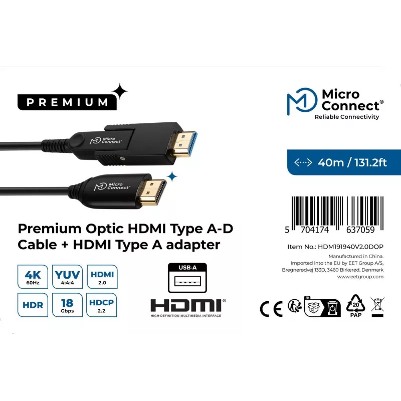 Microconnect cable HDMI A-D Premium Optic 40m 2.0 3D 18Gbit/s