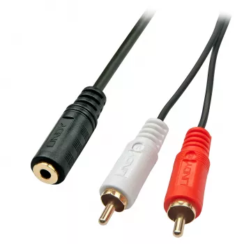 Cable adaptador AV Lindy 0,25 m – conector hembra jack 3,5 mm a 2 conectores macho RCA