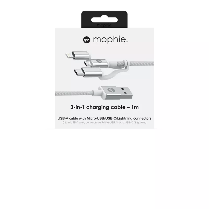 Cable de carga y sincronización mophie – USB-A a Micro/USB-C/LTG – 1 m – blanco