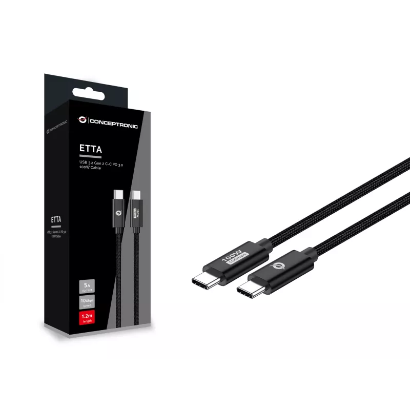 Cable Conceptronic ETTA02B12 USB 3.2 Gen 2 C-C PD 3.0 100W 1,2 m, 20 V 5 A, 10 Gbit/s, E-Mark