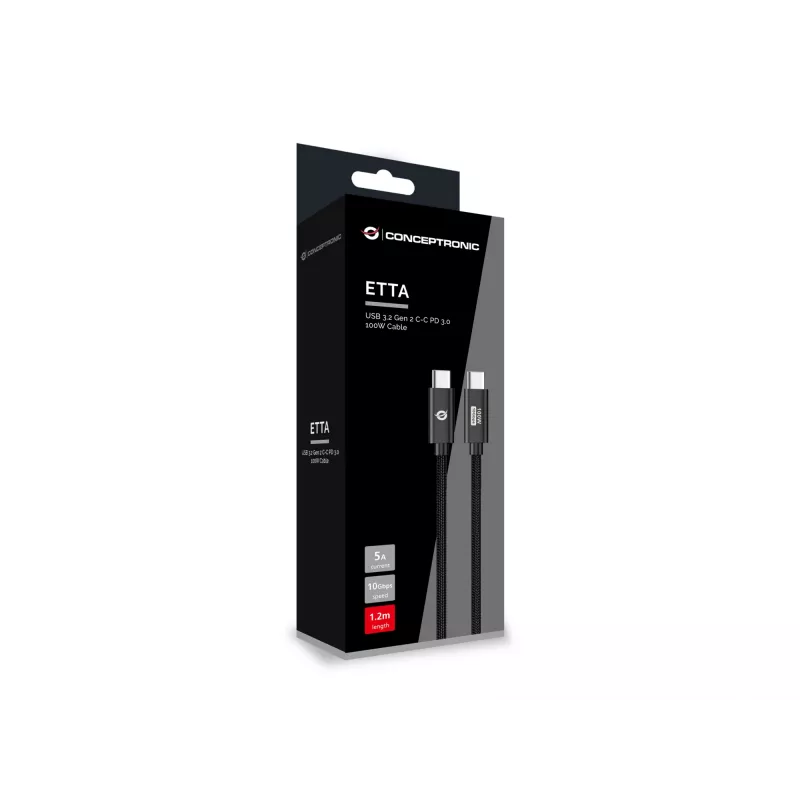 Cable Conceptronic ETTA02B12 USB 3.2 Gen 2 C-C PD 3.0 100W 1,2 m, 20 V 5 A, 10 Gbit/s, E-Mark