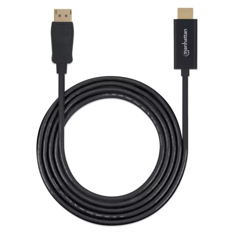 Cable Manhattan DisplayPort 1.1 a HDMI, 1080p@60Hz, 1 m, conector macho a conector macho, DP con bloqueo, negro, no bidireccional, tres años de garantía