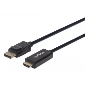 Cable Manhattan DisplayPort 1.1 a HDMI, 1080p@60Hz, 1,8 m, conector macho a conector macho, DP con bloqueo, negro, no bidireccional, tres años de garantía