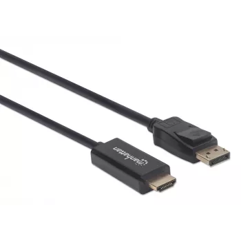 Cable Manhattan DisplayPort 1.1 a HDMI, 1080p@60Hz, 1,8 m, conector macho a conector macho, DP con bloqueo, negro, no bidireccional, tres años de garantía