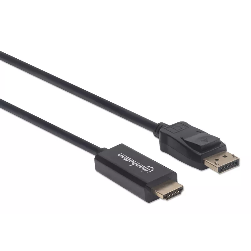 Cable Manhattan DisplayPort 1.1 a HDMI, 1080p@60Hz, 1,8 m, conector macho a conector macho, DP con bloqueo, negro, no bidireccional, tres años de garantía