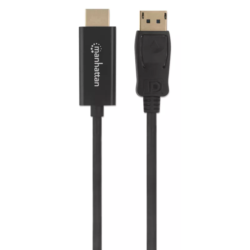 Cable Manhattan DisplayPort 1.1 a HDMI, 1080p@60Hz, 1,8 m, conector macho a conector macho, DP con bloqueo, negro, no bidireccional, tres años de garantía