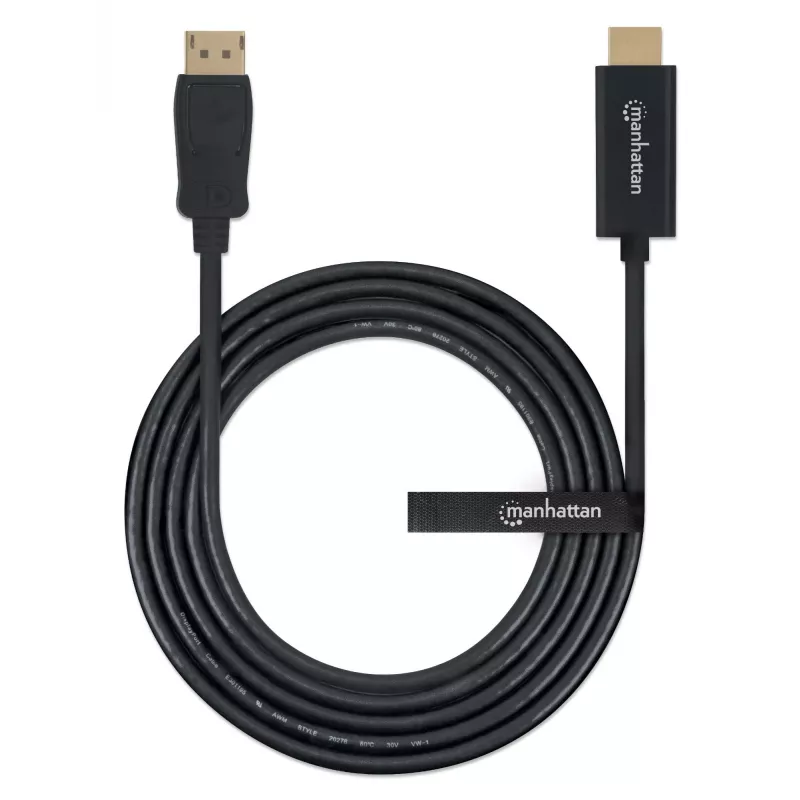 Cable Manhattan DisplayPort 1.1 a HDMI, 1080p@60Hz, 1,8 m, conector macho a conector macho, DP con bloqueo, negro, no bidireccional, tres años de garantía