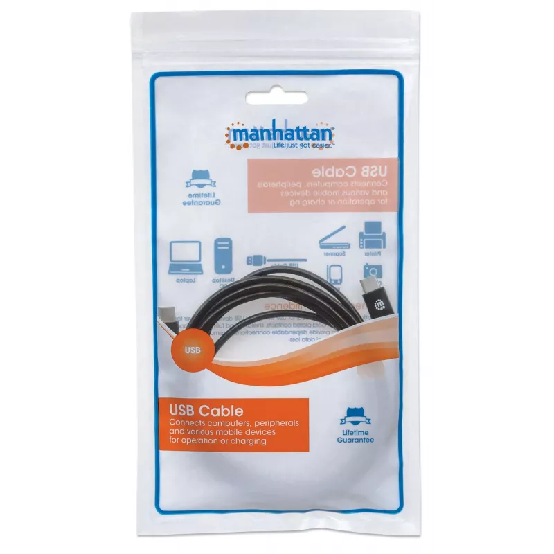 Cable Manhattan USB-C a USB-C, 2 m, conector macho a conector macho, negro, 480 Mbit/s (USB 2.0), 3 A, Hi-Speed USB, garantía de por vida, equivalente a USB2CC2M