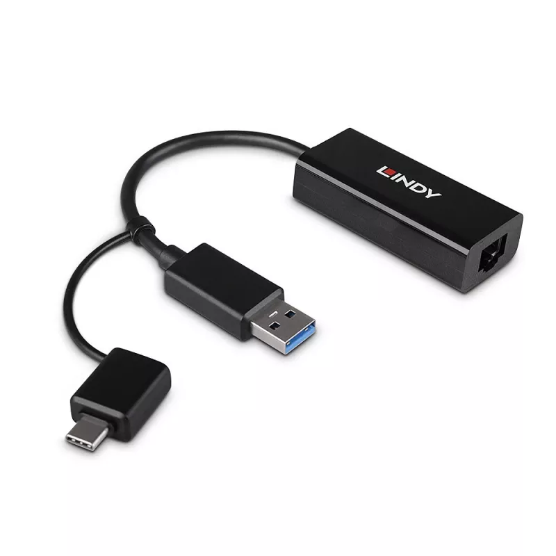 Convertidor Ethernet Gigabit Lindy USB 3.2 Gen 1 con cable USB Ethernet 5000 Mbit/s negro