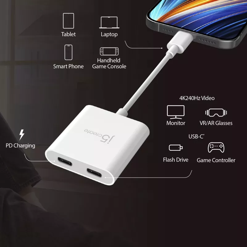 Adaptador USB-C a doble USB-C j5create JCA164-N 3840x2160 240Hz