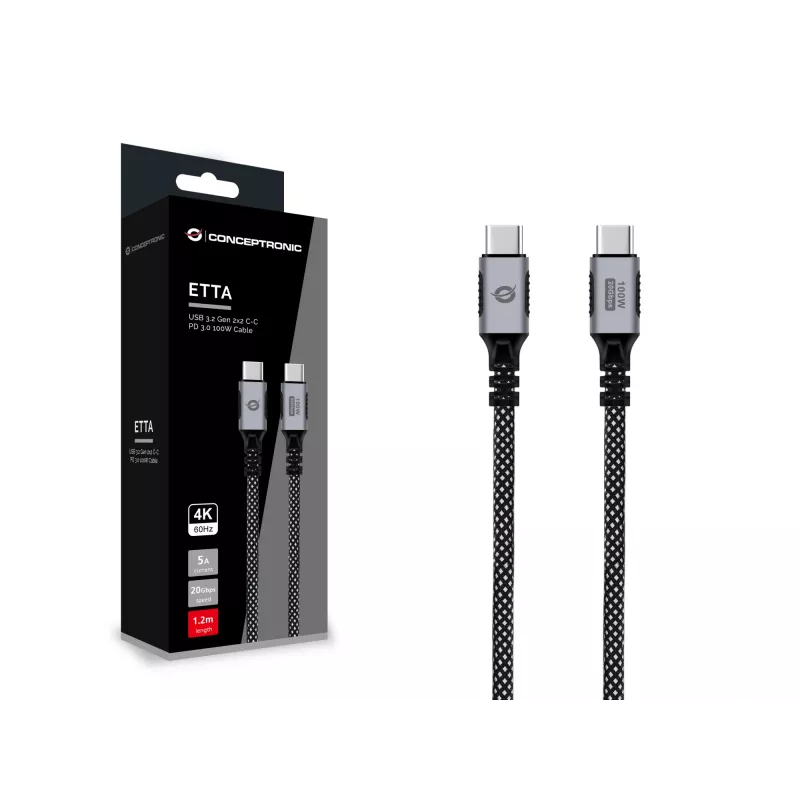 Cable USB-C a USB-C CONCEPTRONIC ETTA07B12 – USB 3.2 Gen 2x2, 1,2 m, 20 Gbps, PD 3.0 100 W (20 V/5 A), 4K60Hz, negro, E-Mark