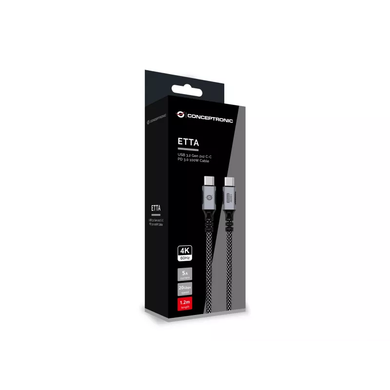 Cable USB-C a USB-C CONCEPTRONIC ETTA07B12 – USB 3.2 Gen 2x2, 1,2 m, 20 Gbps, PD 3.0 100 W (20 V/5 A), 4K60Hz, negro, E-Mark