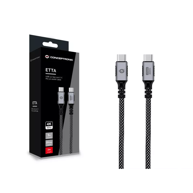 Cable USB-C a USB-C CONCEPTRONIC ETTA07B20 — USB 3.2 Gen 2x2, 2 m, 20 Gbps, PD 3.0 100W (20V 5A), 4K@60Hz, E-mark