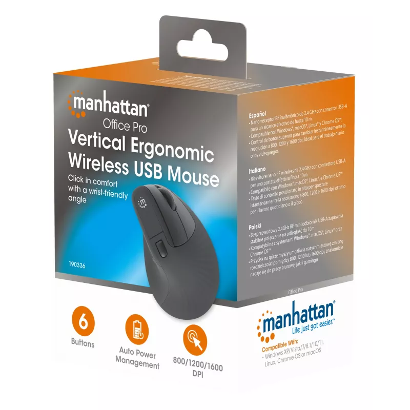 Ratón inalámbrico Manhattan ergonómico vertical para diestros RF