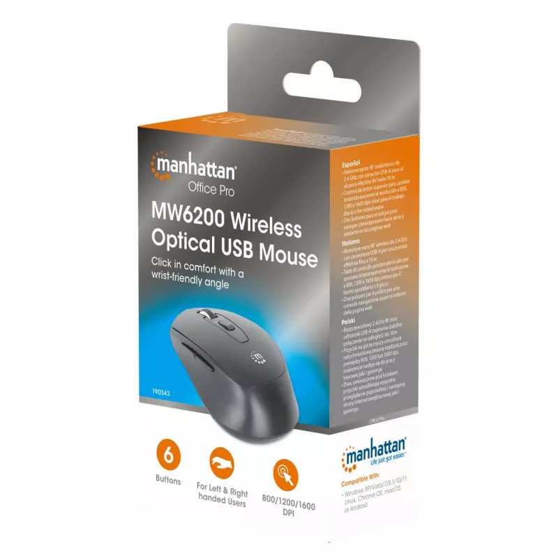 Manhattan MW6200 ratón inalámbrico, receptor nano USB-A, negro