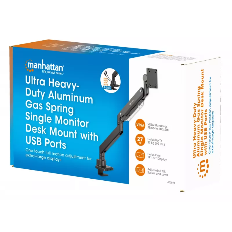 Manhattan Soporte de escritorio para 1 monitor de 17-57 pulgadas, 27 kg, con puertos USB