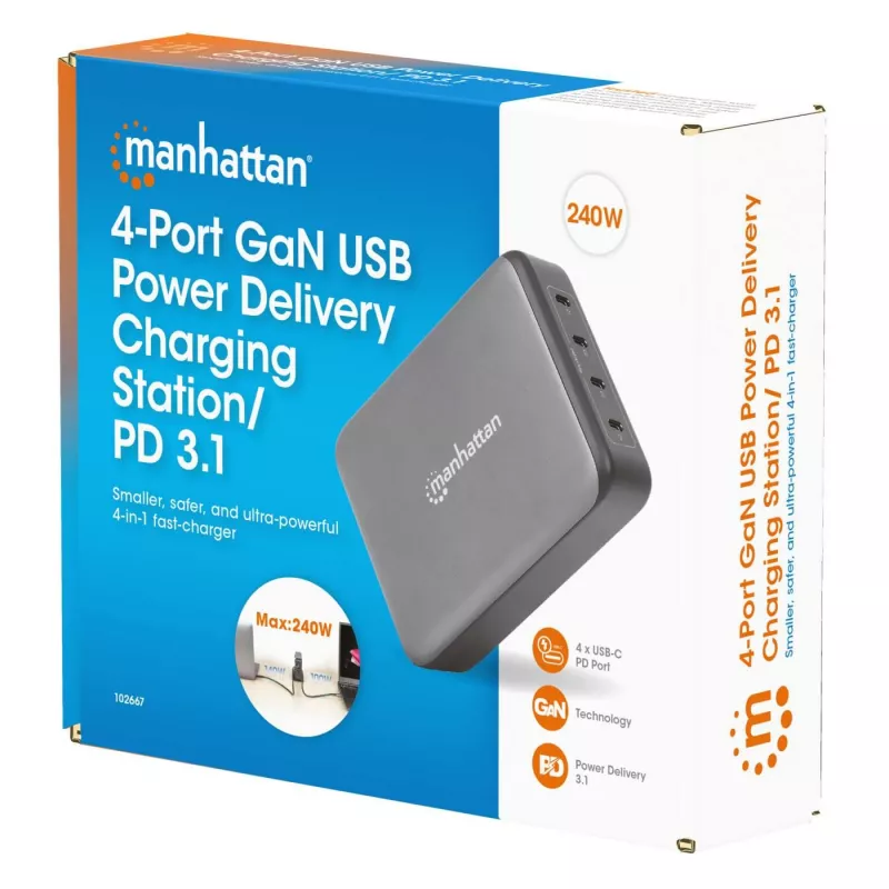 Manhattan 102667 estación de carga GaN USB Power Delivery de 4 puertos, 240 W