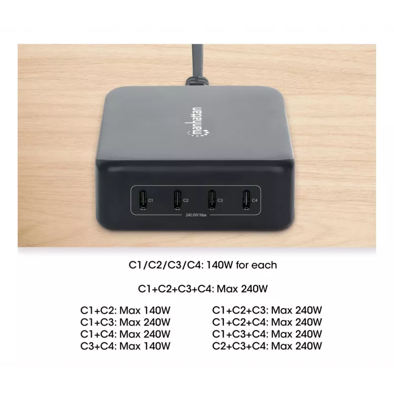 Manhattan 102667 estación de carga GaN USB Power Delivery de 4 puertos, 240 W