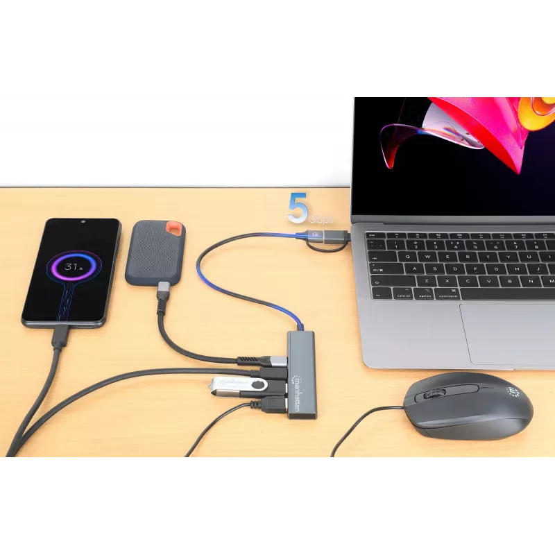 Dock/Hub combo USB-C y USB-A Manhattan 4 puertos 5 Gbps aluminio