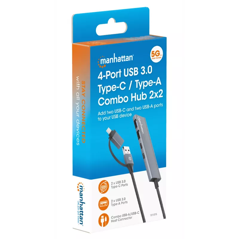Dock/Hub combo USB-C y USB-A Manhattan 4 puertos 5 Gbps aluminio