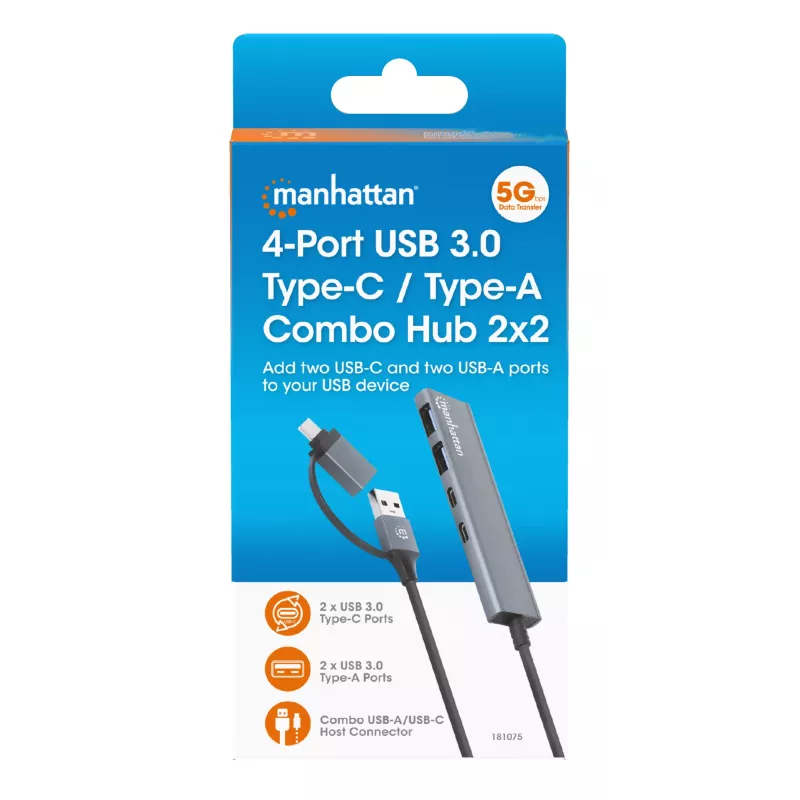 Dock/Hub combo USB-C y USB-A Manhattan 4 puertos 5 Gbps aluminio