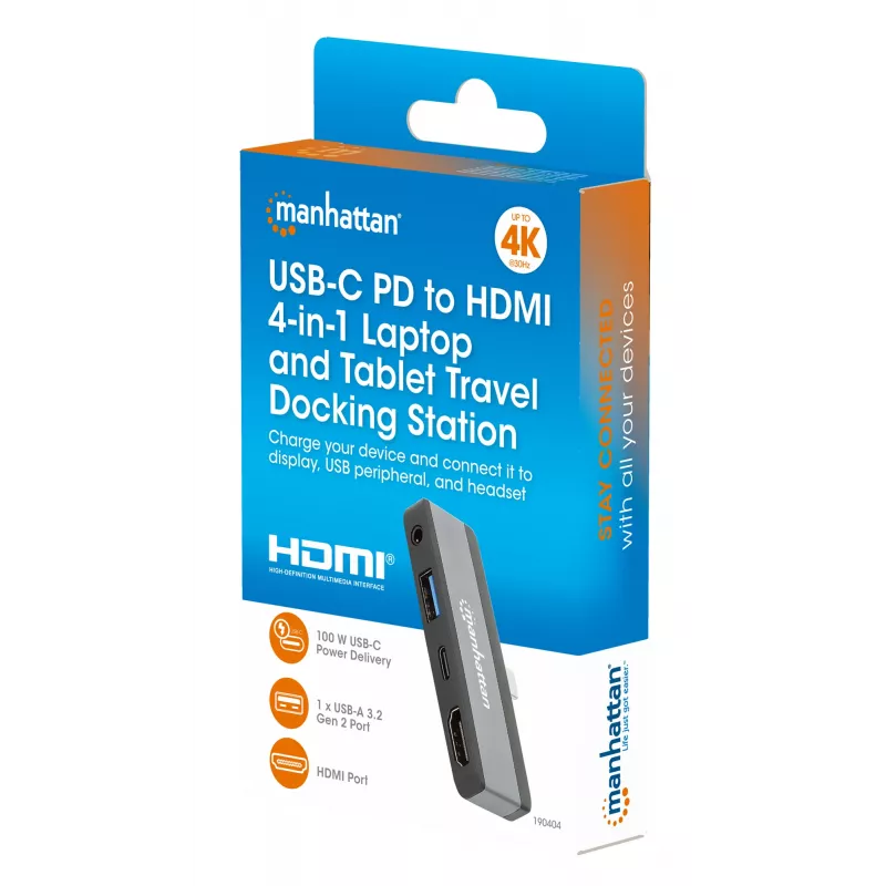 Dock de viaje USB-C Manhattan 190404 4 puertos HDMI USB-A USB-C 3,5 mm