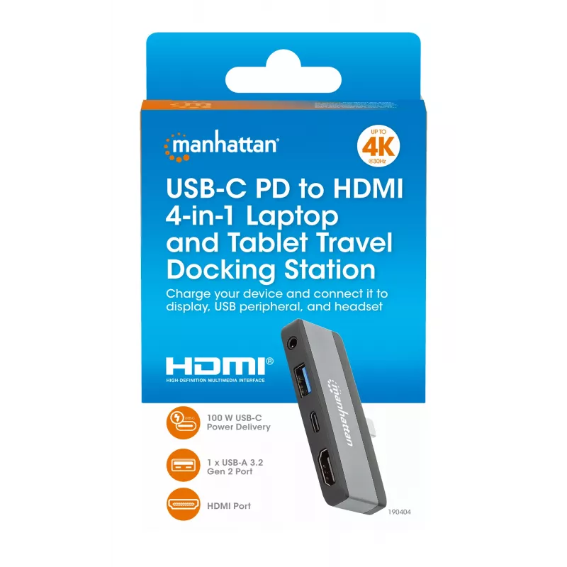 Dock de viaje USB-C Manhattan 190404 4 puertos HDMI USB-A USB-C 3,5 mm