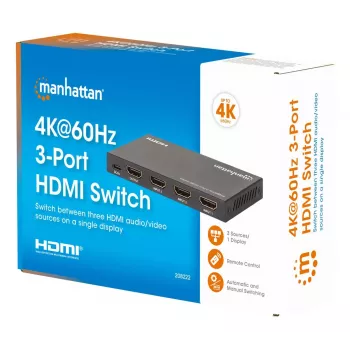 Conmutador HDMI 3x1 MANHATTAN 18G automático manual mando a distancia IR negro