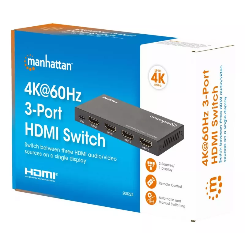 Conmutador HDMI 3x1 MANHATTAN 18G automático manual mando a distancia IR negro