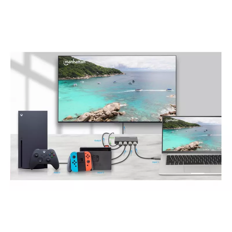 Conmutador HDMI 3x1 MANHATTAN 18G automático manual mando a distancia IR negro