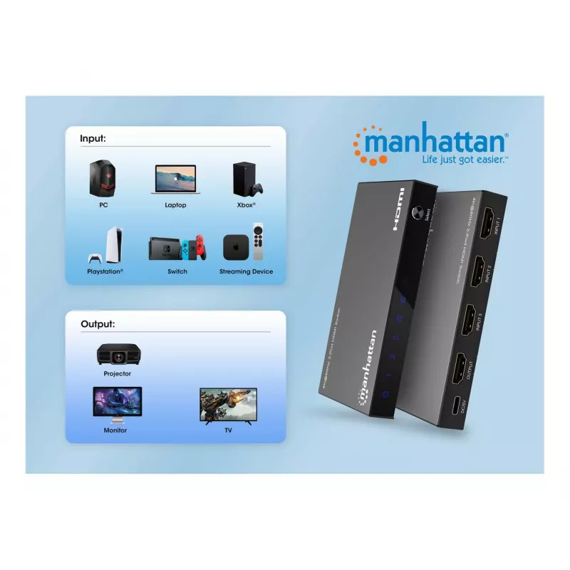 Conmutador HDMI 3x1 MANHATTAN 18G automático manual mando a distancia IR negro