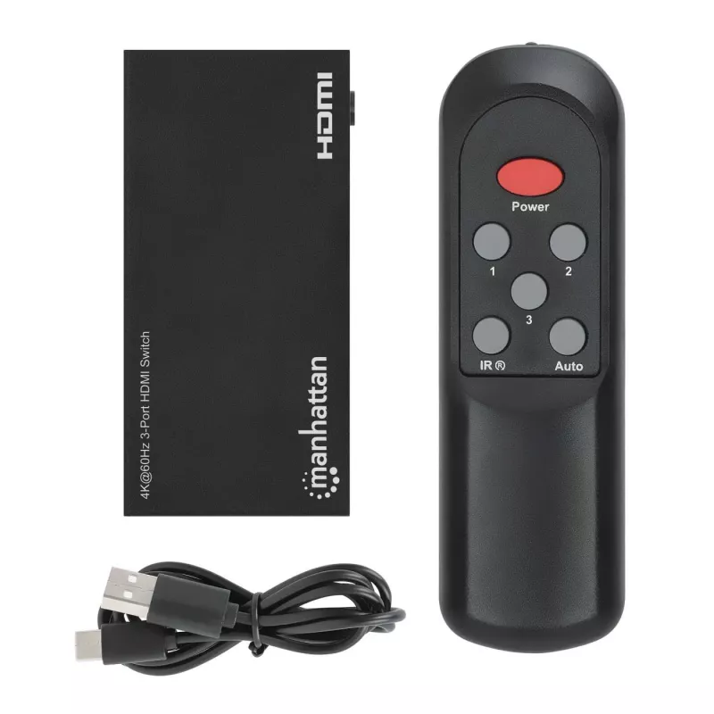 Conmutador HDMI 3x1 MANHATTAN 18G automático manual mando a distancia IR negro