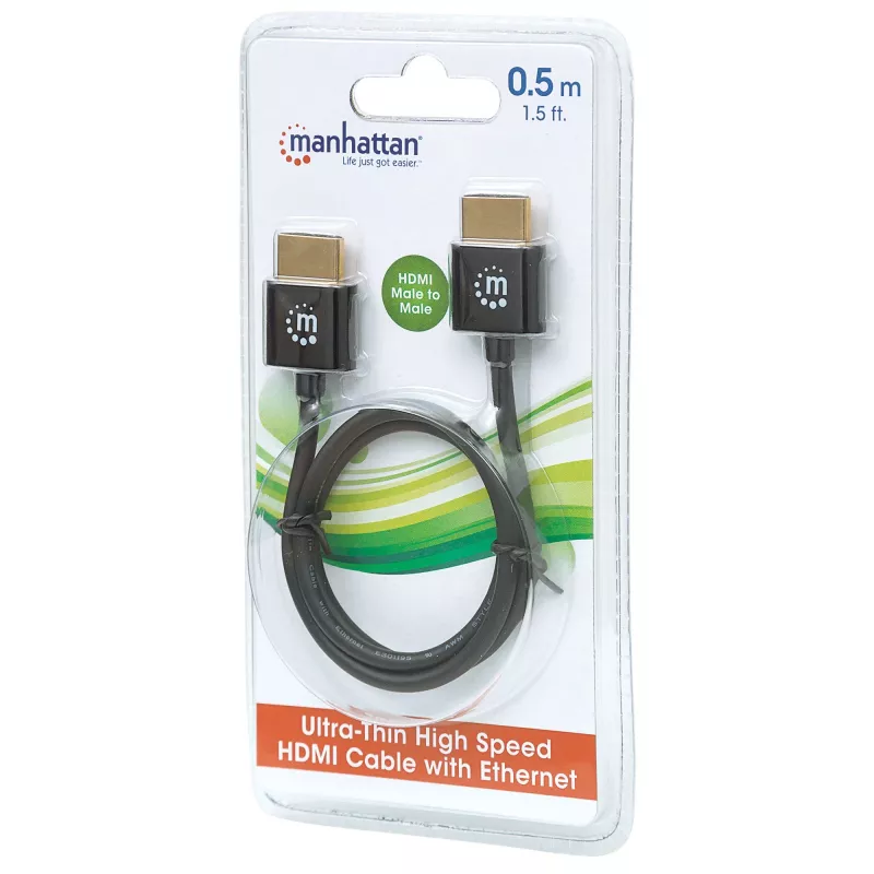 Cable HDMI con Ethernet Manhattan (Ultra Thin), 4K@60Hz (Premium High Speed), 0,5 m, macho a macho, negro, Ultra HD 4k x 2k, totalmente blindado, contactos dorados, garantía de por vida