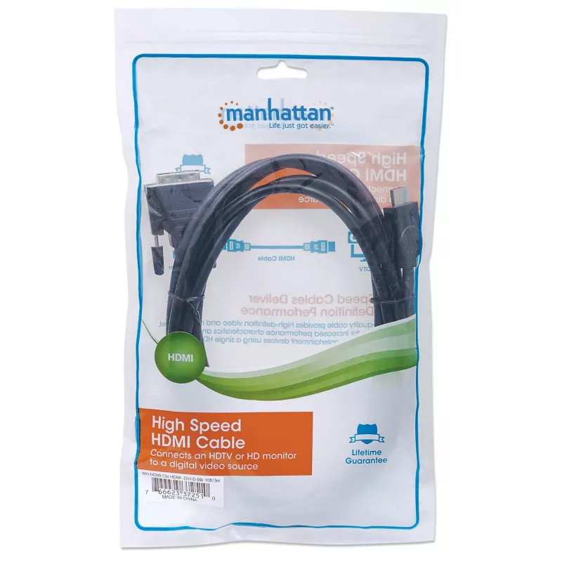 Cable HDMI a DVI-D 24+1 Manhattan, 3m, macho a macho, negro, Dual Link, compatible con DVD-D, garantía de por vida, equivalente a HDDVIMM3M