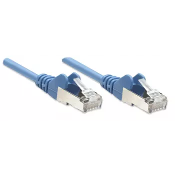 Cable de red patch Intellinet, Cat5e, 7,5 m, Azul, CCA, SF/UTP, PVC, RJ45, contactos bañados en oro, antipestañas, protección antiacodamiento, garantía de por vida