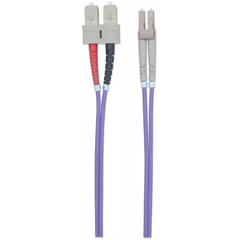 Cable de fibra óptica patch Intellinet, OM4, LC/SC, 2 m, Violeta, Dúplex, Multimodo, 50/125 µm, LSZH, Fibra, garantía de por vida