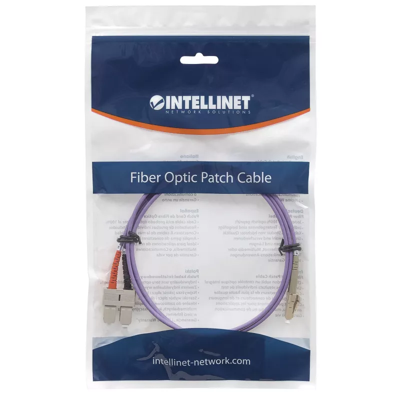 Cable de fibra óptica patch Intellinet, OM4, LC/SC, 2 m, Violeta, Dúplex, Multimodo, 50/125 µm, LSZH, Fibra, garantía de por vida