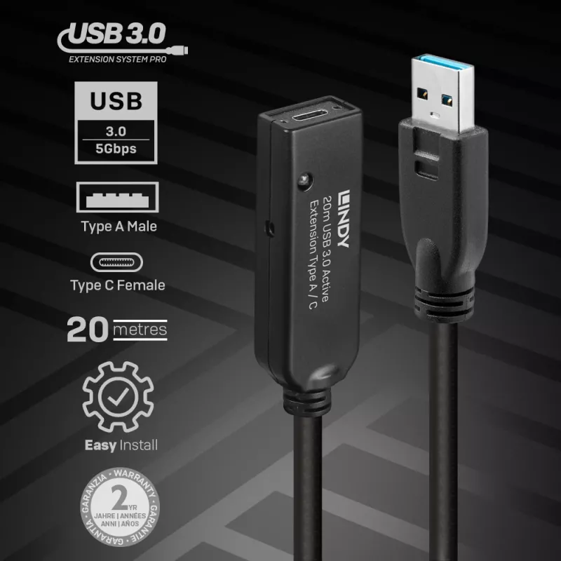 Lindy 20 m alargador activo USB 3.0 Type-A a C