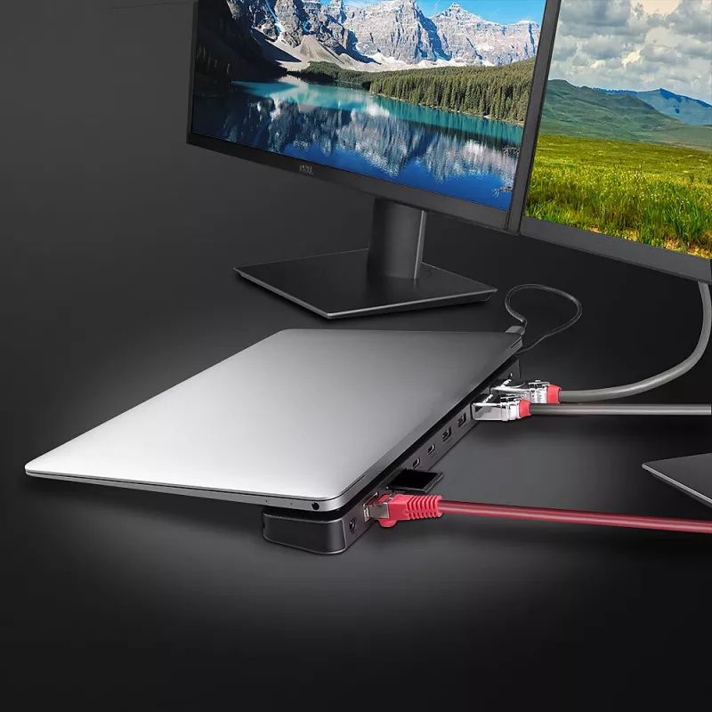 Lindy DST-Mini XT 810, estación de acoplamiento mini USB-C para portátil con pantalla única (8K) o doble pantalla (4K60) y carga pasante de 100W