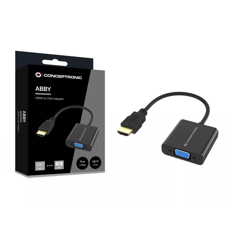 Adaptador Conceptronic ABBY20B HDMI a VGA, 0,25 m, HDMI tipo A (estándar), VGA (D-Sub), conector macho, conector hembra, recto