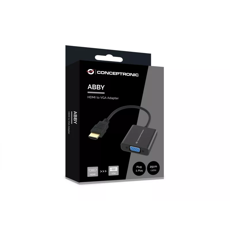 Adaptador Conceptronic ABBY20B HDMI a VGA, 0,25 m, HDMI tipo A (estándar), VGA (D-Sub), conector macho, conector hembra, recto