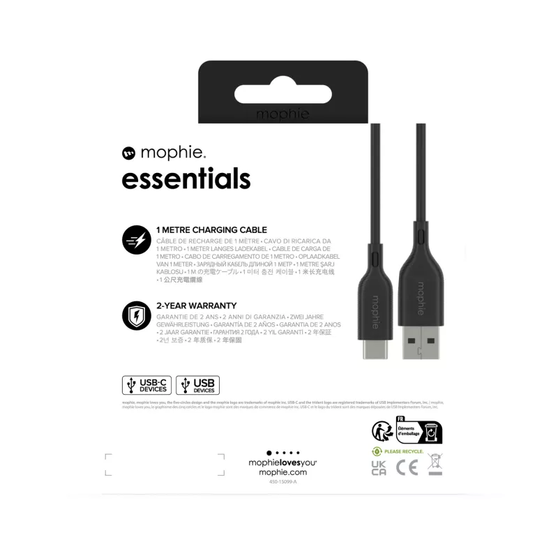 Mophie Essentials Cable de carga | 1 m Cable USB USB 2.0 USB A a USB C negro