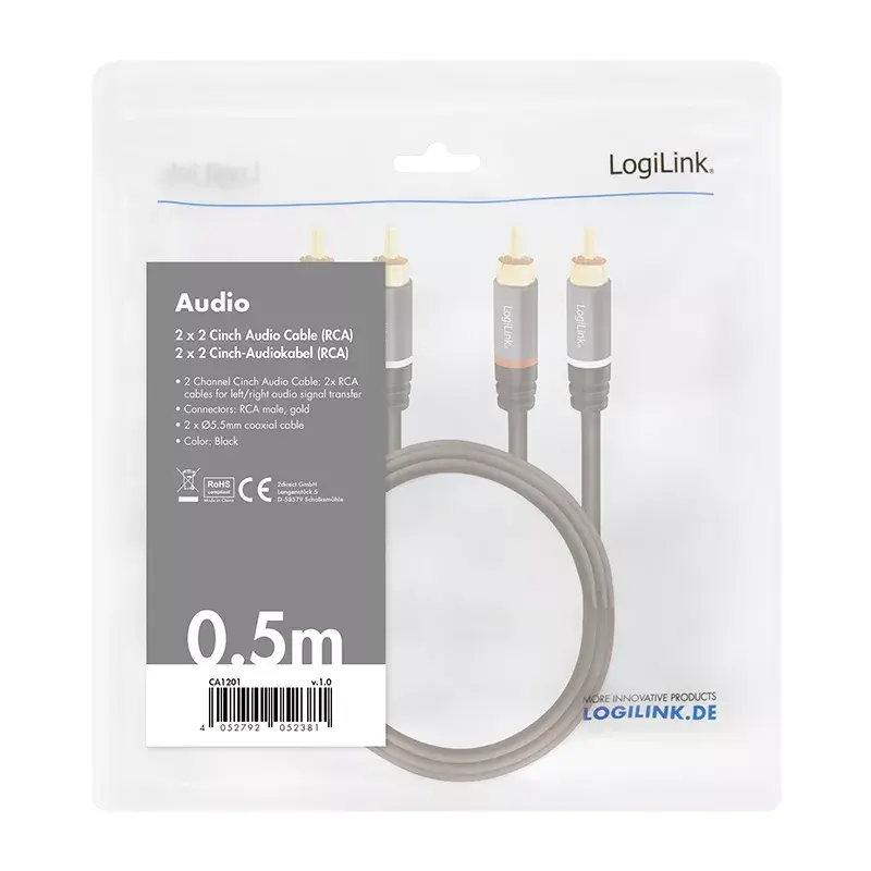 Cable de audio LogiLink CA1201 0,5 m 2 x RCA negro