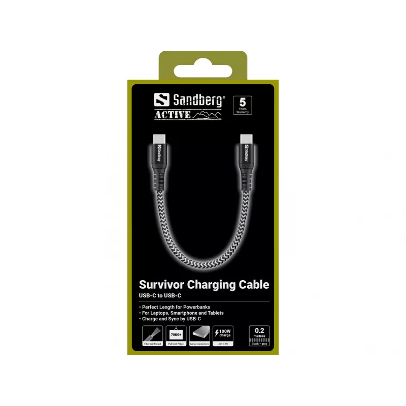 Cable USB-C Sandberg Survivor 0,2 m 100 W negro blanco