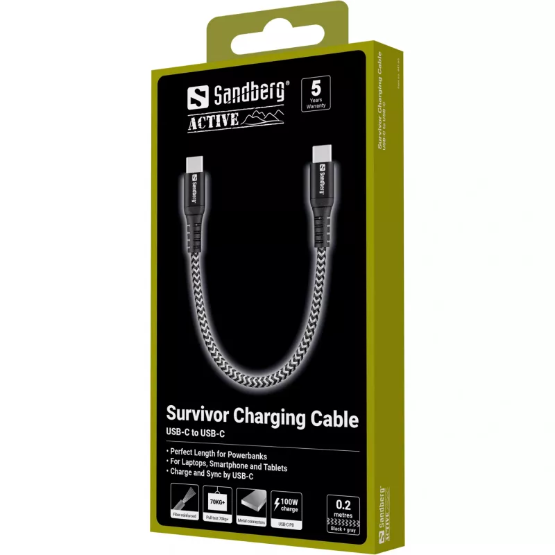Cable USB-C Sandberg Survivor 0,2 m 100 W negro blanco