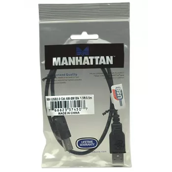 Cable USB-A a USB-B Manhattan, 0,5 m, macho a macho, 480 Mbit/s (USB 2.0), Hi-Speed USB, negro, garantía de por vida, equivalente a USB2HAB50CM