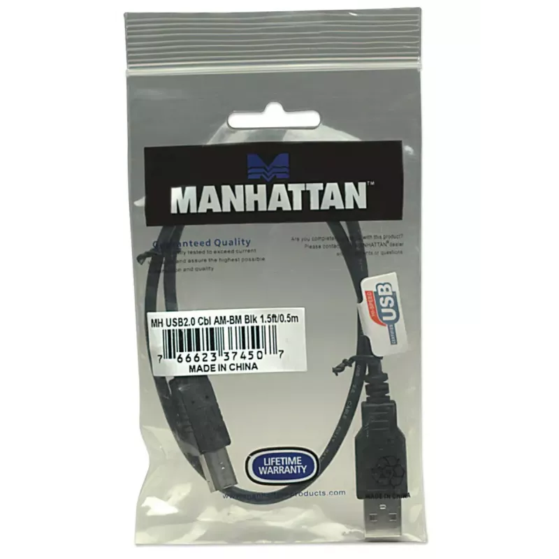 Manhattan 374507 cable USB 2.0, USB-A (M) a USB-B (M), 0,5 m, moldeado, negro