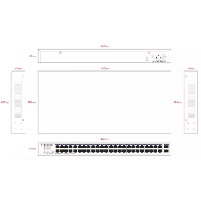 Switch no gestionado Lanview LVN-1UMOUNT-48PORT-2SFP-1G — 48 puertos RJ45 1G, 2 enlaces ascendentes SFP