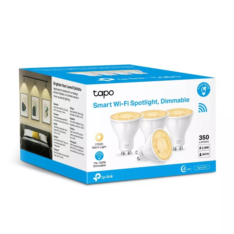 TP-Link Tapo Smart Wi-Fi Spotlight, regulable, pack de 4, bombilla inteligente, Wi-Fi, Blanco, 802.11b, 802.11g, Wi-Fi 4 (802.11n), GU10, bombilla parabólica